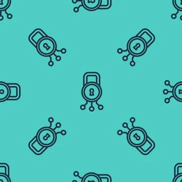 Black line Cyber security icon isolated seamless pattern on green backgroun.. イラスト素材