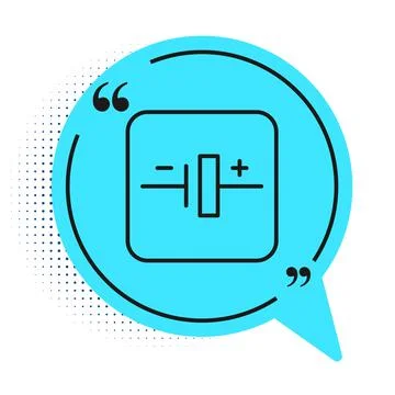 Black line DC voltage source icon isolated on white background. Blue speech b Stock Illustration