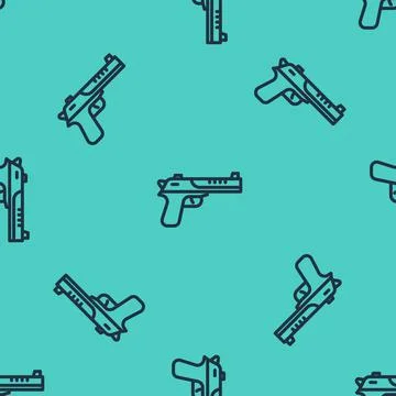 Black line Desert eagle gun icon isolated seamless pattern on green background イラスト素材