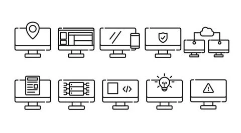 Black line desktop computer icon set with technology symbols Stock Illustration