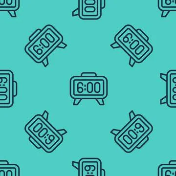 Black line Digital alarm clock icon isolated seamless pattern on green backgr 스톡 일러스트