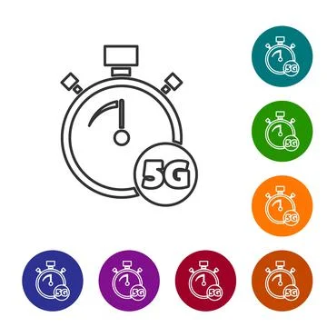 Black line Digital speed meter concept with 5G icon isolated on white background Stock Illustration