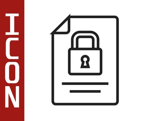 Black line Document and lock icon isolated on white background. File format and Illustrazione stock