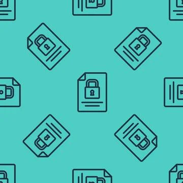Black line Document and lock icon isolated seamless pattern on green backgr.. 스톡 일러스트