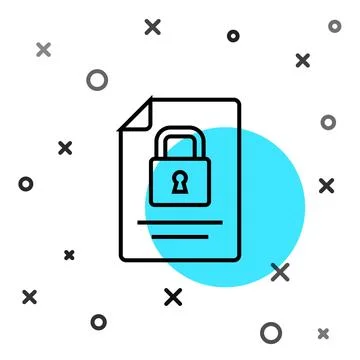 Black line Document and lock icon isolated on white background. File format.. Illustrazione stock