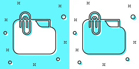 Black line Document folder with paper clip icon isolated on green and white Illustrazione stock