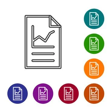 Black line Document with graph chart icon isolated on white background. Repor Illustrazione stock