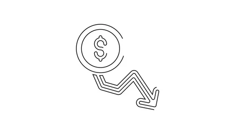 Black line Dollar rate decrease icon isolated on white background. Cost Stock Footage 155479817