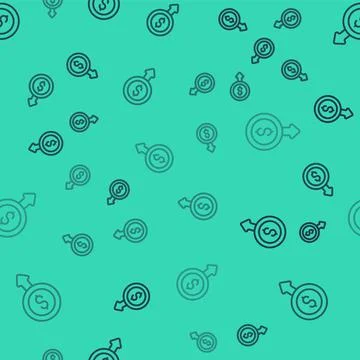 Black line Dollar rate decrease icon isolated seamless pattern on green Illustrazione stock