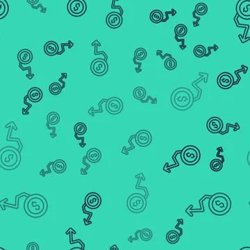 Black line Dollar rate decrease icon isolated seamless pattern on green 库存插图