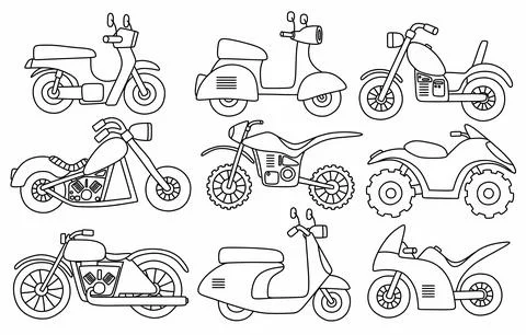 Black line doodle set of cute motorcycle. Stock Illustration