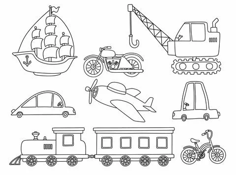 Black line doodle set of cute transportation. イラスト素材