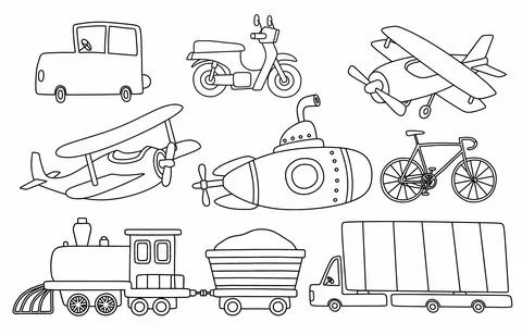 Black line doodle set of cute transportation. Stock Illustration
