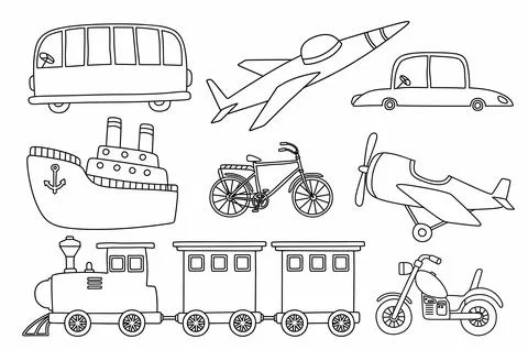 Black line doodle set of cute transportation. Stock Illustration