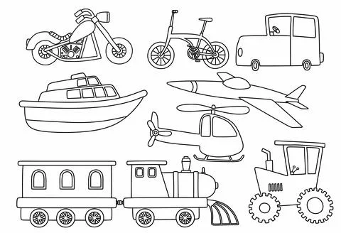 Black line doodle set of cute transportation. Stock Illustration