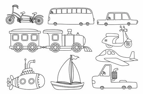 Black line doodle set of cute transportation. Stock Illustration