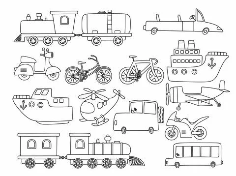 Black line doodle set of cute transportation. Illustrazione stock