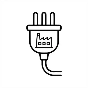 A black line drawing of an electrical plug with a factory on it vector Stock Illustration