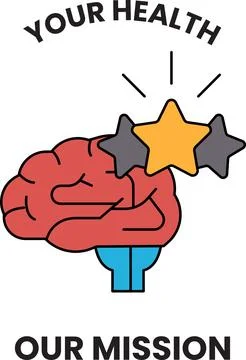 Black line drawing shows a brain with shining stars above it Stock Illustration