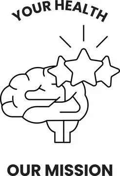 Black line drawing shows a brain with shining stars above it Stock Illustration
