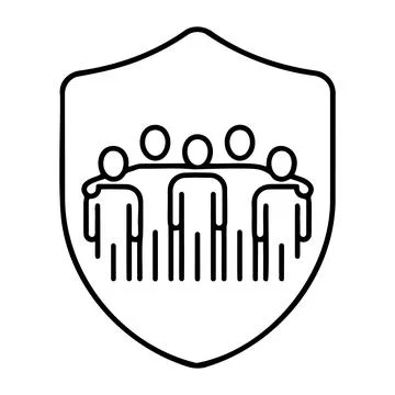 A black line drawing of three people standing behind a shield vector Stock Illustration