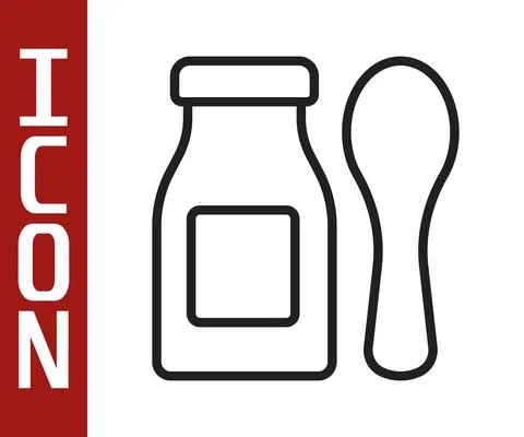 Black line Drinking yogurt in bottle with spoon icon isolated on white Stock Illustration