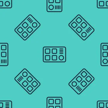 Black line Drum machine icon isolated seamless pattern on green background 库存插图
