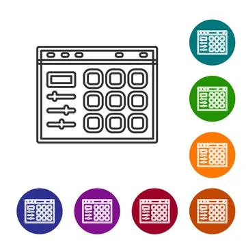 Black line Drum machine icon isolated on white background. Musical equipment Illustrazione stock