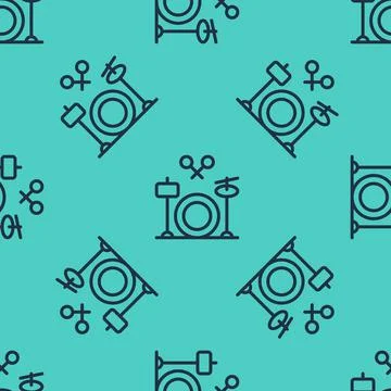 Black line Drums icon isolated seamless pattern on green background. Music sign Stock Illustration