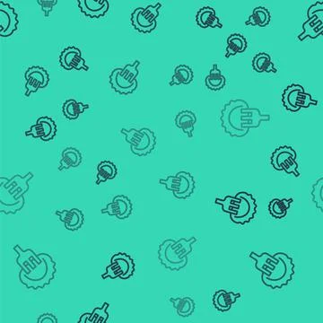 Black line Dumplings on fork icon isolated seamless pattern on green background Stock Illustration