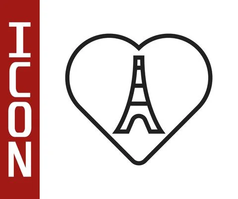 Black line Eiffel tower with heart icon isolated on white background. France 스톡 일러스트