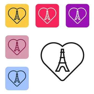Black line Eiffel tower with heart icon isolated on white background. France  Illustrazione stock