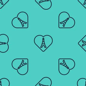 Black line Eiffel tower with heart icon isolated seamless pattern on green Stock Illustration