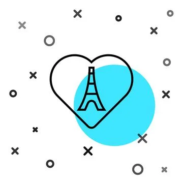 Black line Eiffel tower with heart icon isolated on white background. France 스톡 일러스트