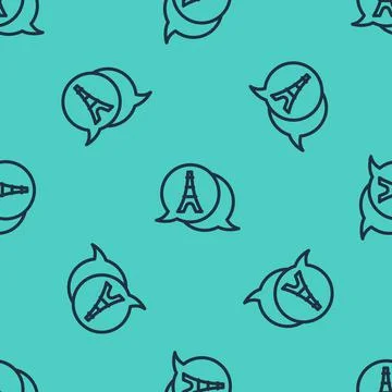 Black line Eiffel tower icon isolated seamless pattern on green background Stock Illustration