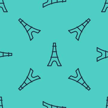 Black line Eiffel tower icon isolated seamless pattern on green background Stock Illustration
