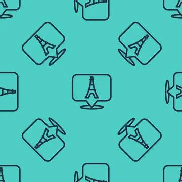 Black line Eiffel tower icon isolated seamless pattern on green background. F Stock Illustration