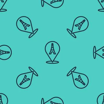 Black line Eiffel tower icon isolated seamless pattern on green background. F Stock Illustration