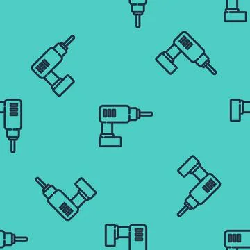 Black line Electric drill machine icon isolated seamless pattern on green Illustrazione stock
