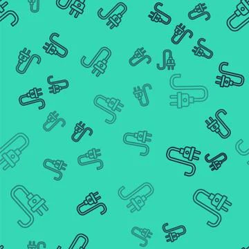 Black line Electric plug icon isolated seamless pattern on green background 스톡 일러스트