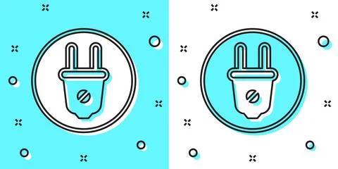 Black line Electric plug icon isolated on green and white background. Conce.. Illustrazione stock