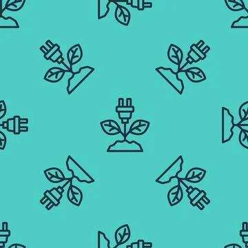 Black line Electric saving plug in leaf icon isolated seamless pattern on green Illustrazione stock