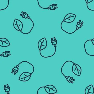 Black line Electric saving plug in leaf icon isolated seamless pattern on green 스톡 일러스트
