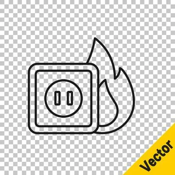 Black line Electric wiring of socket in fire icon isolated on transparent Stock Illustration