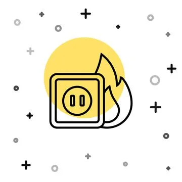 Black line Electric wiring of socket in fire icon isolated on white backgroun Stock Illustration