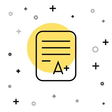 Black line Exam sheet with A plus grade icon isolated on white background. Te 스톡 일러스트
