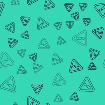 Black line Exclamation mark in triangle icon isolated seamless pattern on green Illustrazione stock