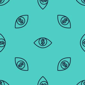 Black line Eye with dollar icon isolated seamless pattern on green background Stock Illustration