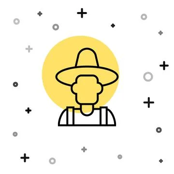 Black line Farmer in the hat icon isolated on white background. Random dyna.. Stock Illustration
