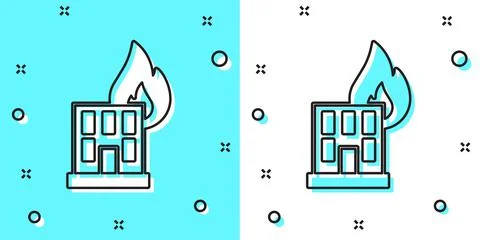 Black line Fire in burning building on city street icon isolated on green and Ilustración de archivo